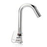 A silver kitchen sink tap with a chrome finish and a lever on the side.