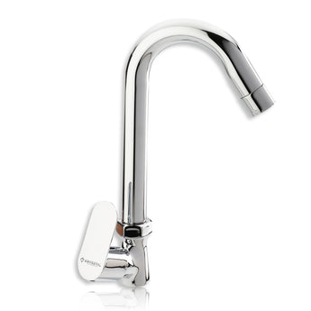 A silver kitchen sink tap with a chrome finish and a lever on the side.