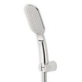 A Silver ABS hand shower with a flexible hose and a wall bracket on a white background.