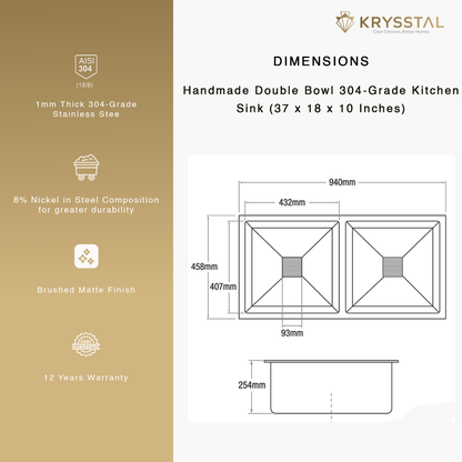 Handmade 304-SS Double Bowl (37 x 18 x 10 Inches) Kitchen Sink