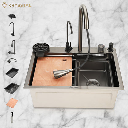 Smart Modular 304 SS Kitchen Sink (24" x 18 x 9") with Integrated Waterfall, RO Tap & Nano-Coating Technology