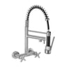 Stainless steel kitchen faucet with pull-down spray head on a white background