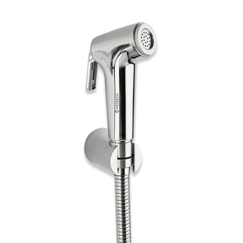 A silver health faucet with a flexible shower tube and wall hook.
