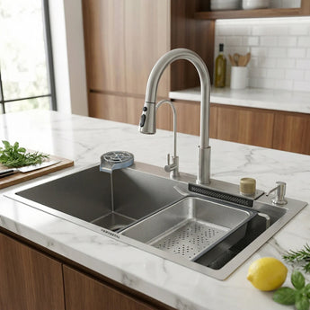 Magnus Nano Silver 304 SS Kitchen Sink with Integrated Waterfall, RO Tap & Triple Flow Pull-out Tap (30 x 18 x 9 Inches)