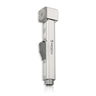 Metallic showerhead with grey switch on a white background