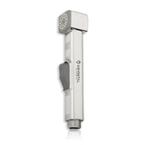 Metallic showerhead with grey switch on a white background
