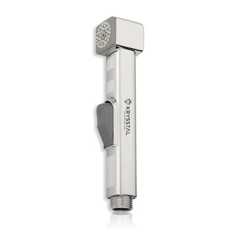 Metallic showerhead with grey switch on a white background