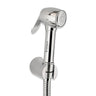 A silver brass health faucet with a 304-SS shower tube and wall hook on a white background
