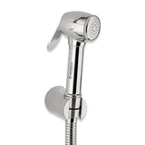 A silver brass health faucet with a 304-SS shower tube and wall hook on a white background