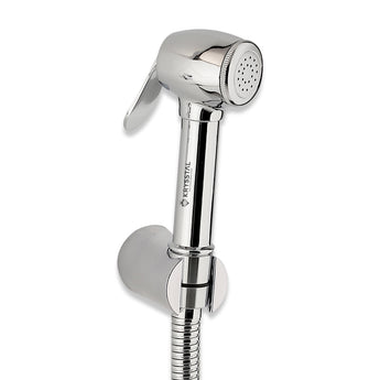 A silver brass health faucet with a 304-SS shower tube and wall hook on a white background
