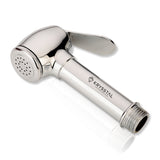 A silver brass health faucet gun with a handle and nozzle, reflecting light on its surface.