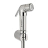 A silver health faucet with a 304-SS shower tube and wall hook, isolated on a white background.