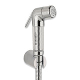 A silver health faucet with a 304-SS shower tube and wall hook, isolated on a white background.