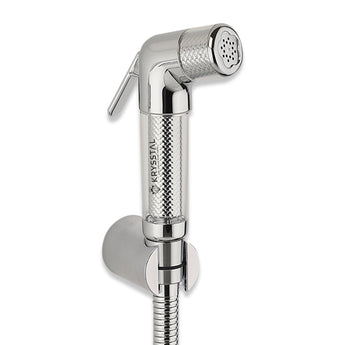A silver health faucet with a 304-SS shower tube and wall hook, isolated on a white background.