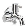 A chrome-plated brass faucet featuring two side handles and two outlets for versatile water access on a white background.