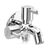 A chrome-plated brass faucet featuring two side handles and two outlets for versatile water access on a white background.