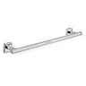 A silver stainless steel towel rod with mounting brackets on either end, placed against a white background.
