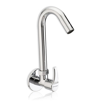 A silver wall-mounted kitchen sink tap with a chrome finish