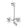 A wall-mounted mixer tap for bathrooms with a chrome finish and L-shaped bend on a white background.