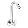 A silver wall-mounted kitchen sink tap with a chrome finish