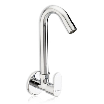 A silver wall-mounted kitchen sink tap with a chrome finish