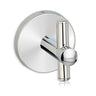 A silver stainless steel robe hook with a round backplate and a vertical cross bar.
