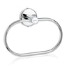 A silver stainless steel towel ring with a round wall-mounted base.