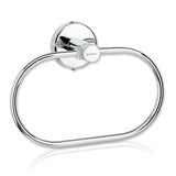 A silver stainless steel towel ring with a round wall-mounted base.