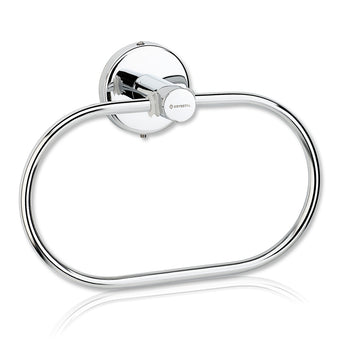 A silver stainless steel towel ring with a round wall-mounted base.