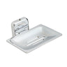 A silver stainless steel square soap dish holder with a wall mounting fixture.