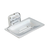 A silver stainless steel square soap dish holder with a wall mounting fixture.