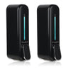 Two black wall mount soap dispensers with a visible brand logo on the front