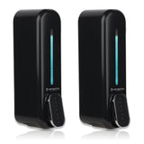 Two black wall mount soap dispensers with a visible brand logo on the front