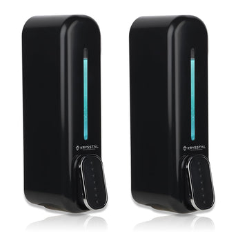 Two black wall mount soap dispensers with a visible brand logo on the front