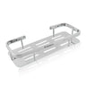 A silver metal medium shelf tray with cut-out holes and side supports on a white background.