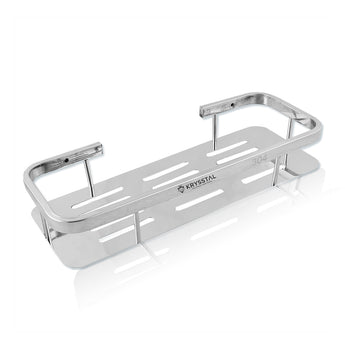 A silver metal medium shelf tray with cut-out holes and side supports on a white background.