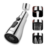 A silver-colored kitchen sink faucet aerator with an extended spray head, showing different water flow modes.
