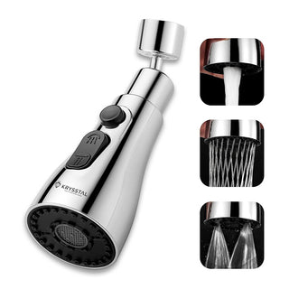 A silver-colored kitchen sink faucet aerator with an extended spray head, showing different water flow modes.