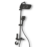 A black multi-functional shower panel complete set with a handheld showerhead, overhead shower, and a control knob