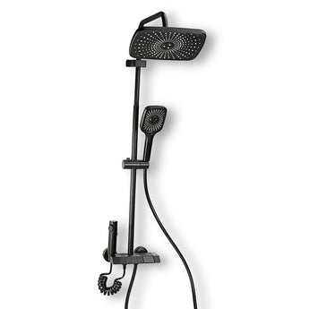 A black multi-functional shower panel complete set with a handheld showerhead, overhead shower, and a control knob