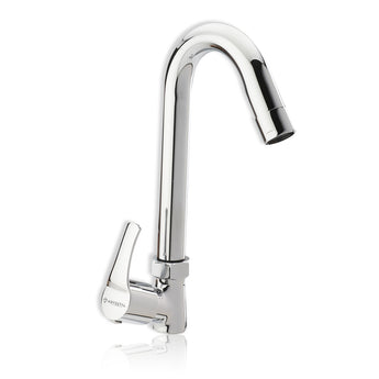 A silver kitchen sink faucet with a high arch and a side lever, isolated on a white background.