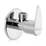 A silver angle valve with a polished metallic surface and a visible brand logo on the side on a white background.