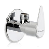 A silver angle valve with a polished metallic surface and a visible brand logo on the side on a white background.