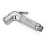 Chrome shower head with textured design on a white background