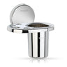 A silver stainless steel toothbrush holder with a lid, reflecting light on its surface.