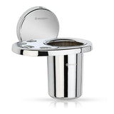 A silver stainless steel toothbrush holder with a lid, reflecting light on its surface.