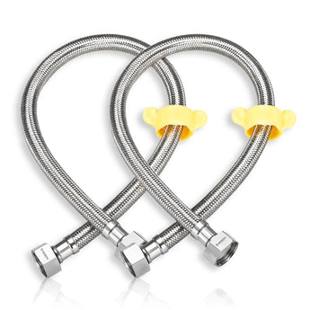 Two 24 inch stainless steel hot water heater flex hoses with yellow connectors at one end.