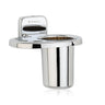 A silver stainless steel toothbrush holder with a reflective finish, featuring an open design with a raised bottom edge.