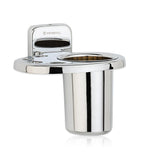 A silver stainless steel toothbrush holder with a reflective finish, featuring an open design with a raised bottom edge.