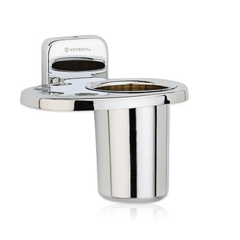 A silver stainless steel toothbrush holder with a reflective finish, featuring an open design with a raised bottom edge.